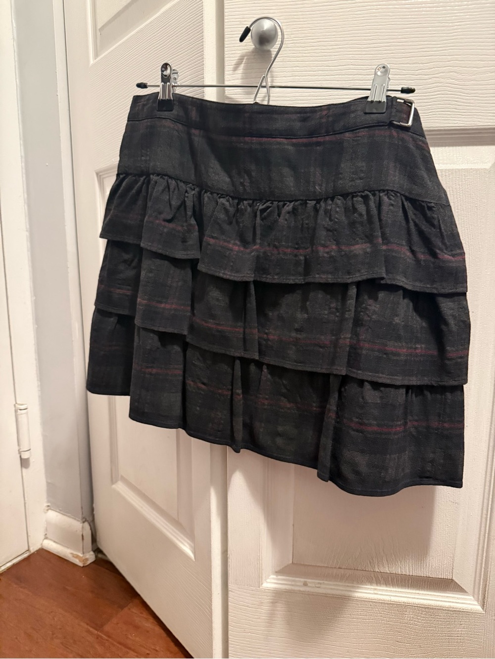 Theory Black Tiered Ruffle Mini Skirt with Subtle Stripe